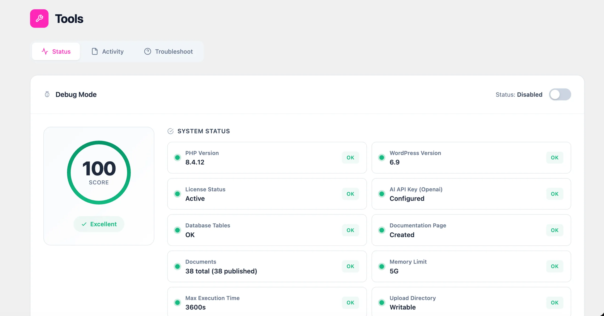 Tools page with improved Status, Activity, and Troubleshoot tabs featuring professional health score display and diagnostic tests